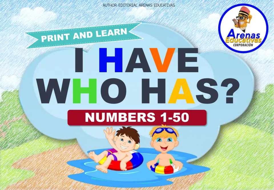 Cover: I Have, Who Has? Numbers 1-50 card game marked Print and Learn, with two cartoon kids floating in a pool