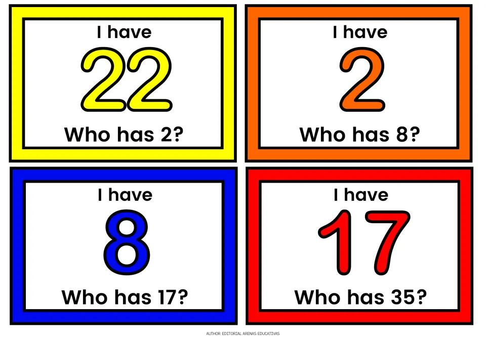 Two-digit and one-digit call cards: I have 22, 2, 8 and 17, with each card asking who has 2, 8, 17 or 35 to pass