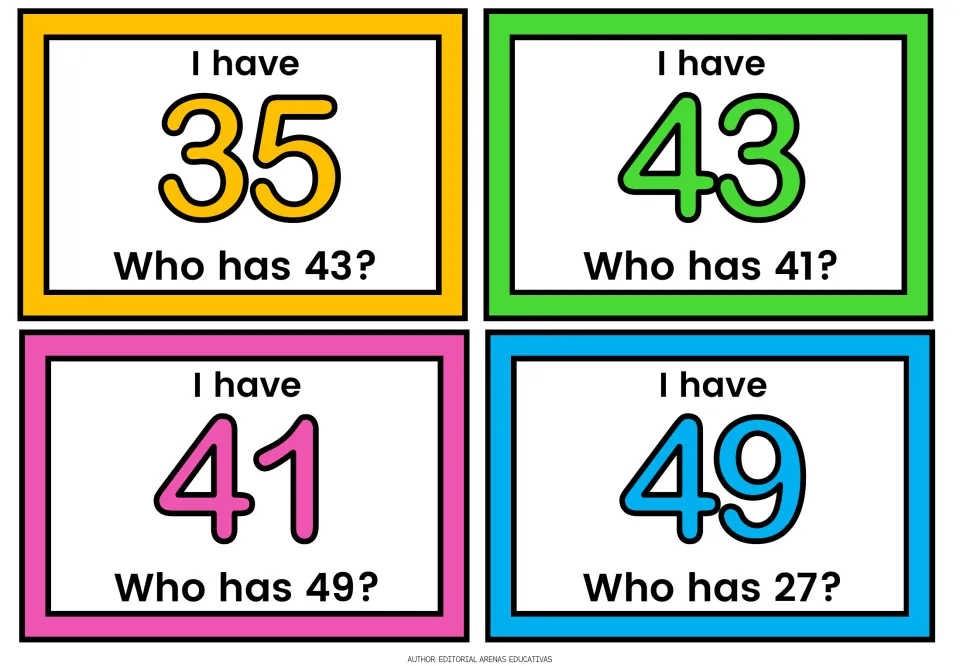 Reading numbers in the 40s and 30s: cards for 35, 43, 41 and 49 call for 43, 41, 49 and 27 to keep the chain going