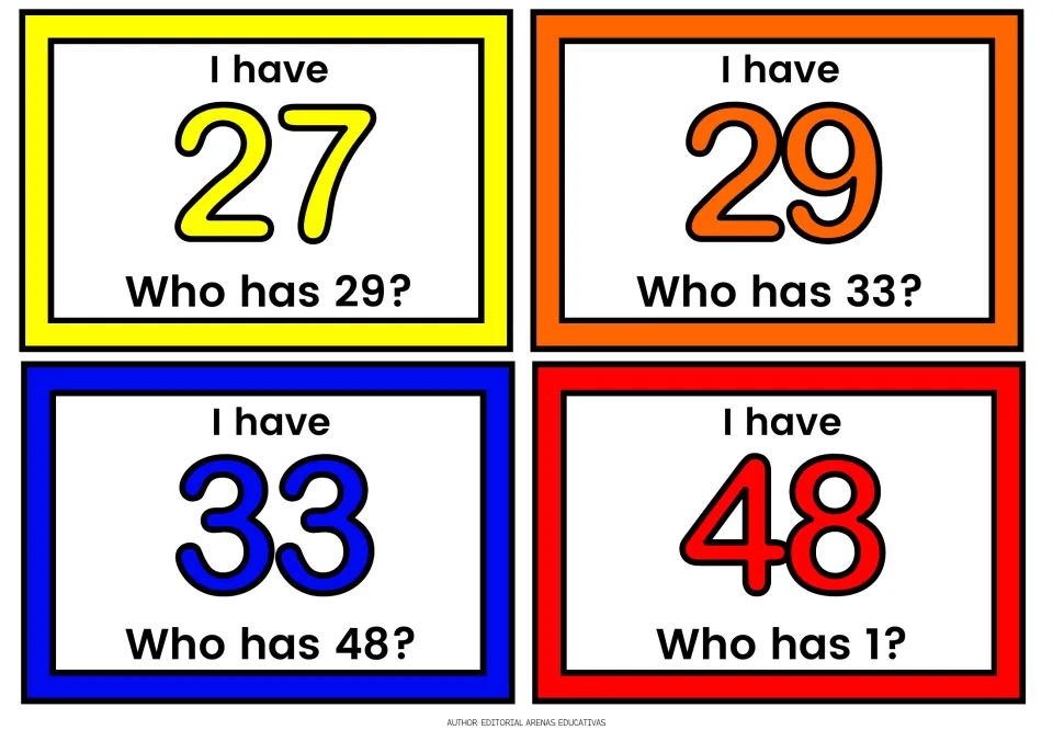 Listening for numbers aloud: cards I have 27, 29, 33 and 48 ask who has 29, 33, 48 and then 1 to continue the round