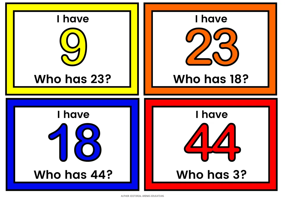 Number chain cards I have 9, 23, 18 and 44: players listen and respond when asked who has 23, 18, 44 or 3