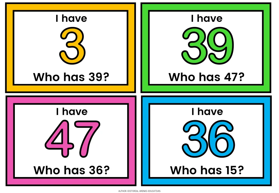 Cards for 3, 39, 47 and 36: each player reads the number shown, then calls out who has 39, 47, 36 or 15 in turn