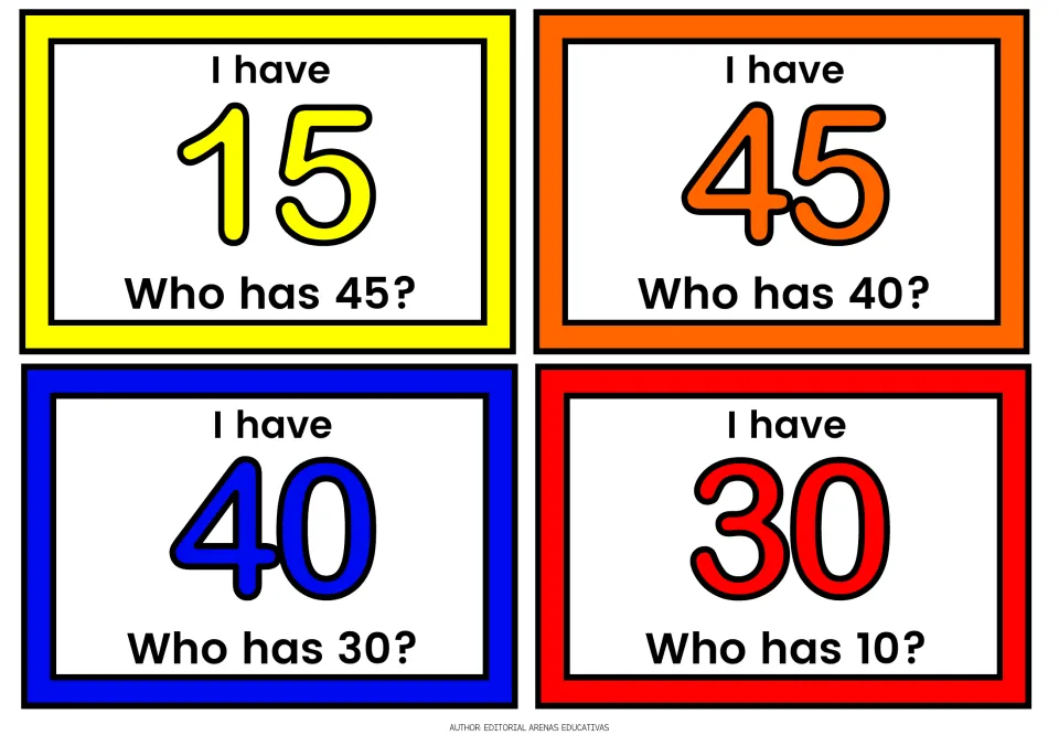 Tens and teens cards: I have 15, 45, 40 and 30, each asking who has 45, 40, 30 or 10 so the next student answers