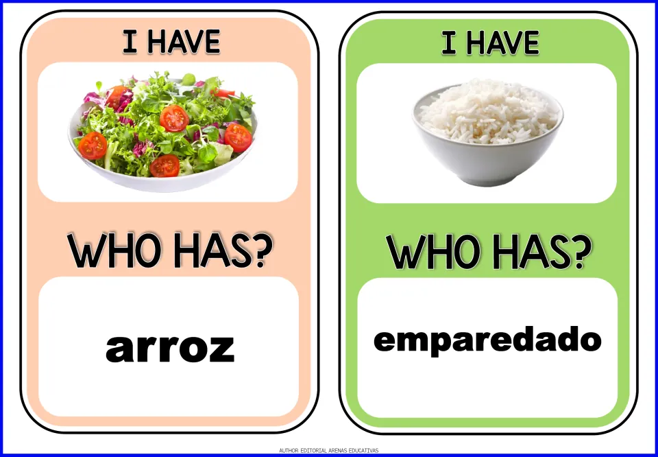 Game cards 1–2 show salad and rice pictures and ask for arroz (rice) and emparedado (sandwich)