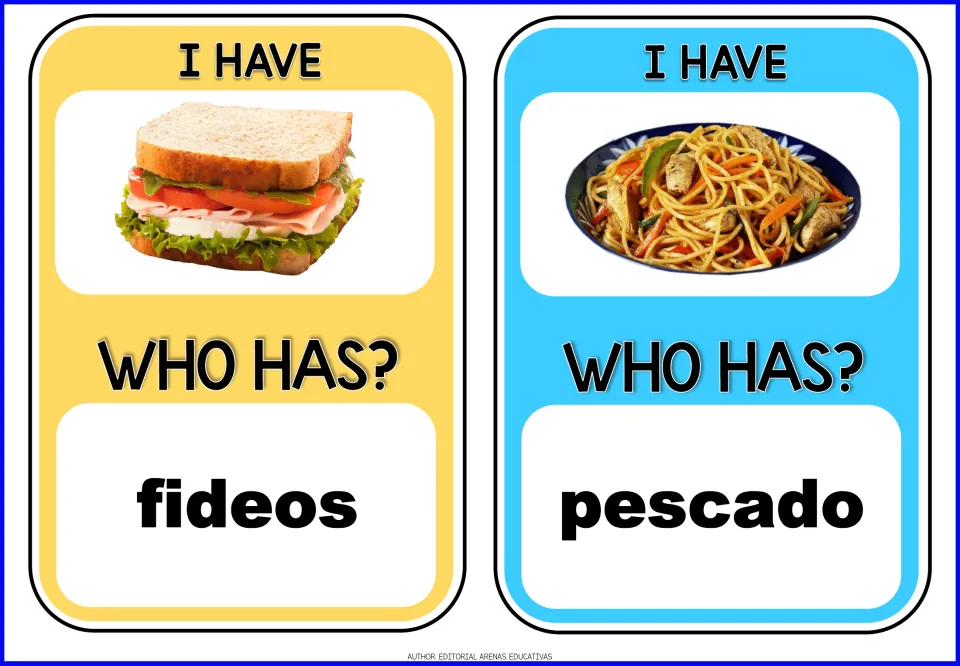 Game cards 3–4 show sandwich and noodle pictures and ask for fideos (noodles) and pescado (fish)
