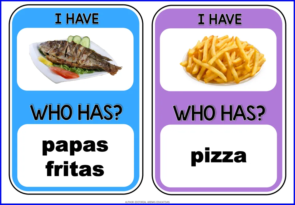 Game cards 5–6 show fish and french fry pictures and ask for papas fritas (french fries) and pizza