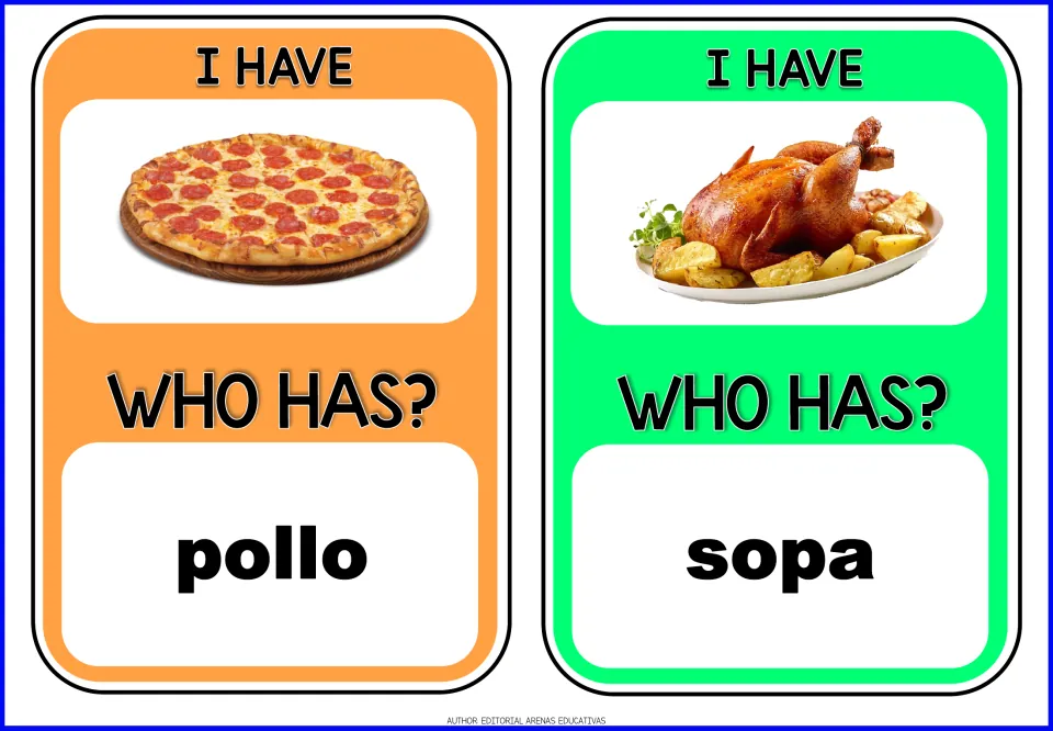 Game cards 7–8 show pizza and roast chicken pictures and ask for pollo (chicken) and sopa (soup)