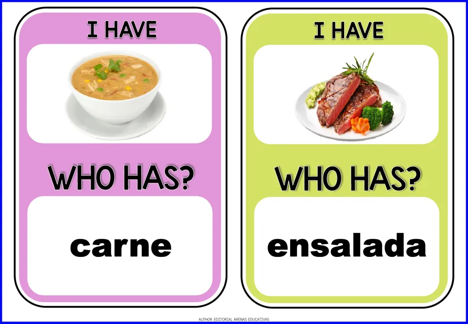 Game cards 9–10 show soup and meat pictures and ask for carne (meat) and ensalada (salad)