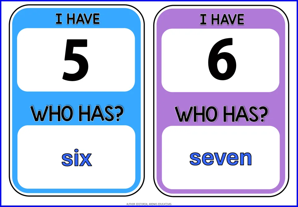 Number cards for 5 and 6: each I have numeral is paired with a who has prompt for the next number word, six and seven