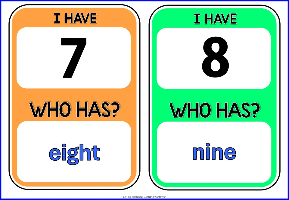 Number cards for 7 and 8: players hold the numeral and ask who has the following number written as a word, eight and nine