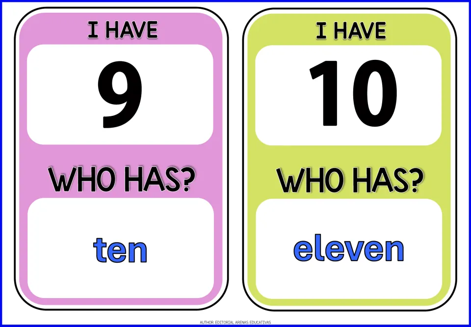 Number cards for 9 and 10: counting on by one, each card pairs I have with its numeral and asks who has ten or eleven
