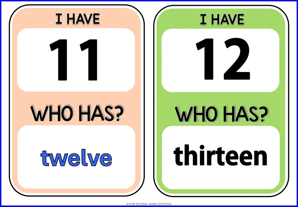 Number cards for 11 and 12: two-digit numerals with who has prompts for the next number word, twelve and thirteen