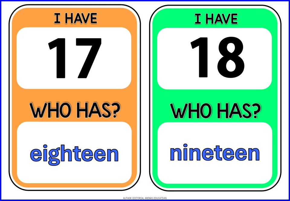 Number cards for 17 and 18: the last cards shown pair each teen numeral with a who has prompt for eighteen and nineteen