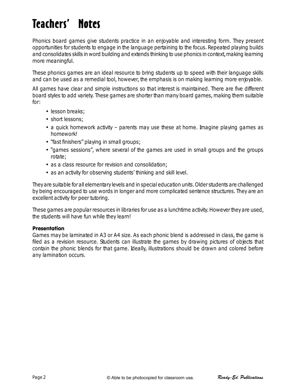 Teacher notes for the phonics games explain small-group play, peer tutoring, homework, and lamination