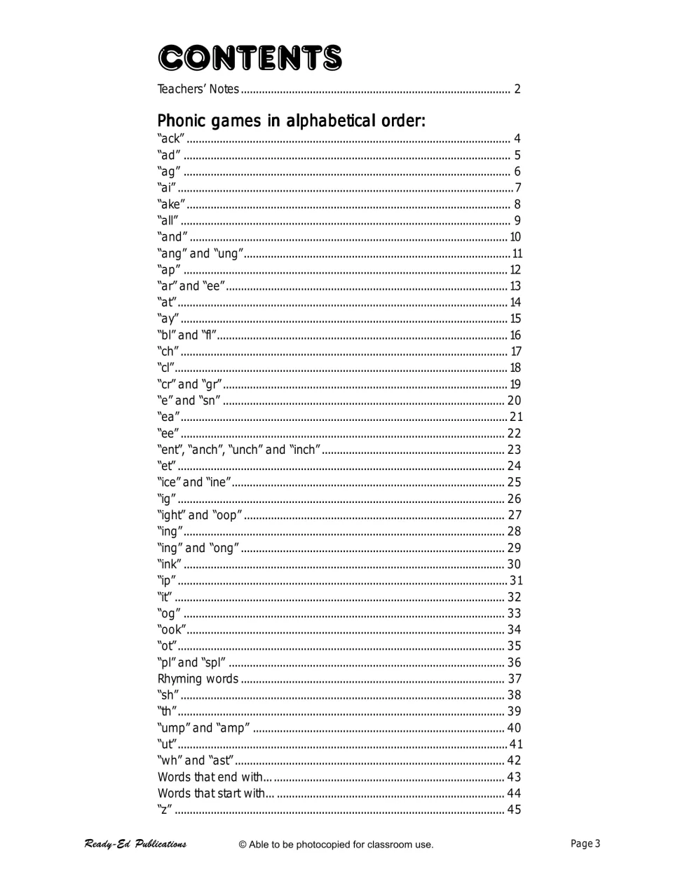 Contents lists phonics games alphabetically from 'ack' to 'z', plus rhyming and word-start and ending games