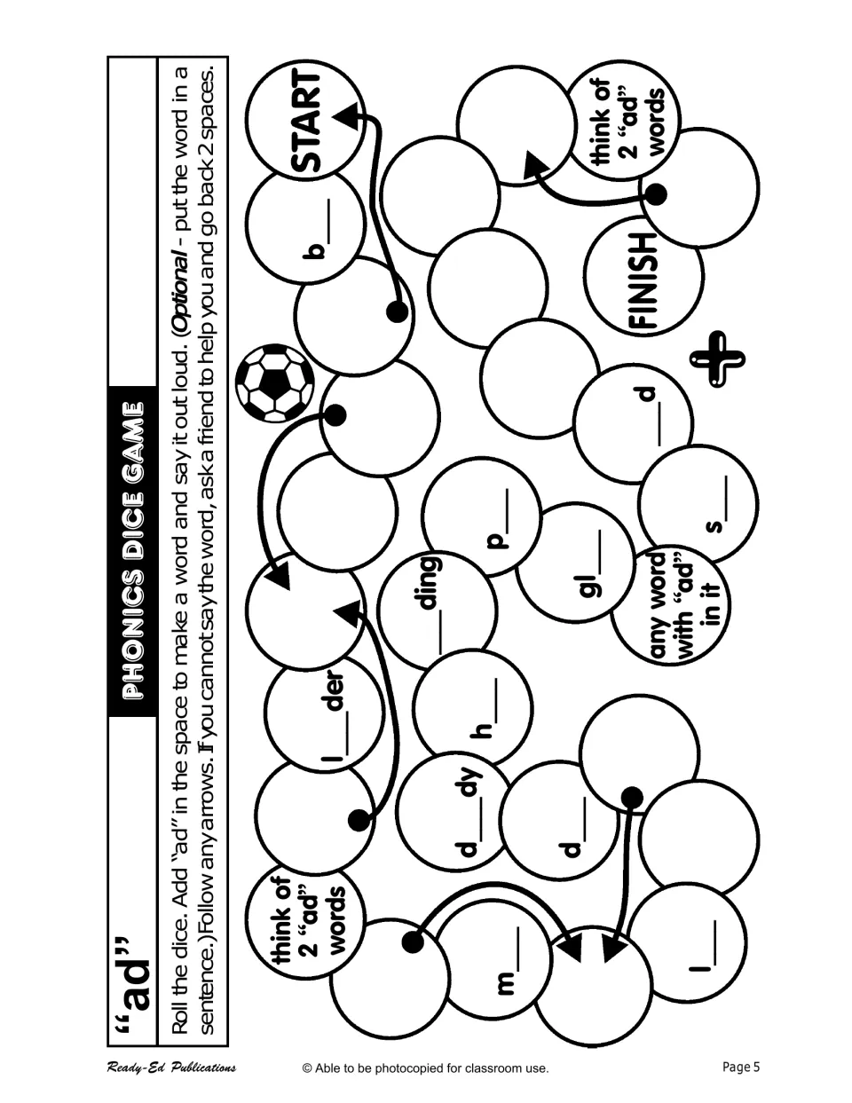 Phonics dice game for 'ad': complete b___, l___der, and d___dy, and think of two words containing 'ad'