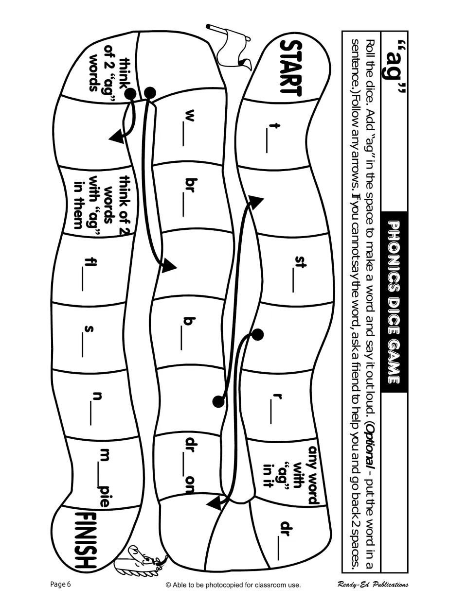 Phonics dice game for 'ag': complete t___, st___, and dr___on, then name two words containing 'ag'