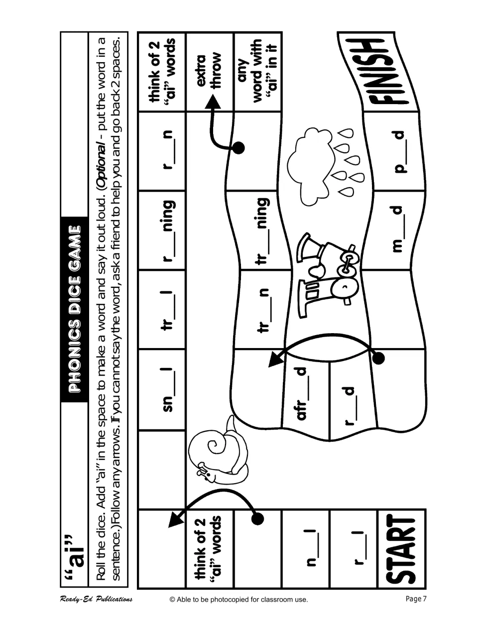 Phonics dice game for 'ai': complete r___l, sn___l, and tr___n, then say each completed word aloud