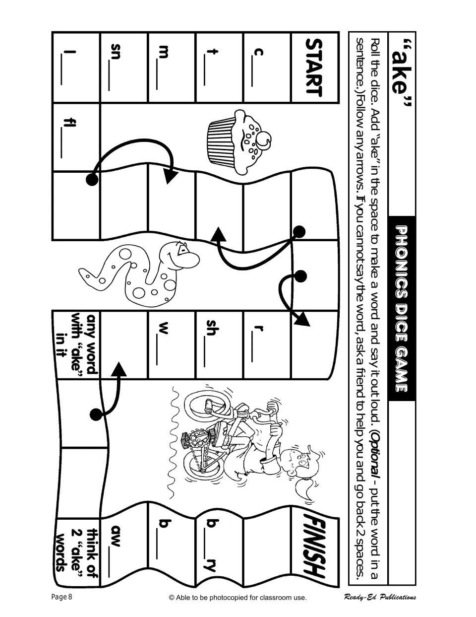 Phonics dice game for 'ake': complete c___, sn___, and b___ry, and think of two words containing 'ake'
