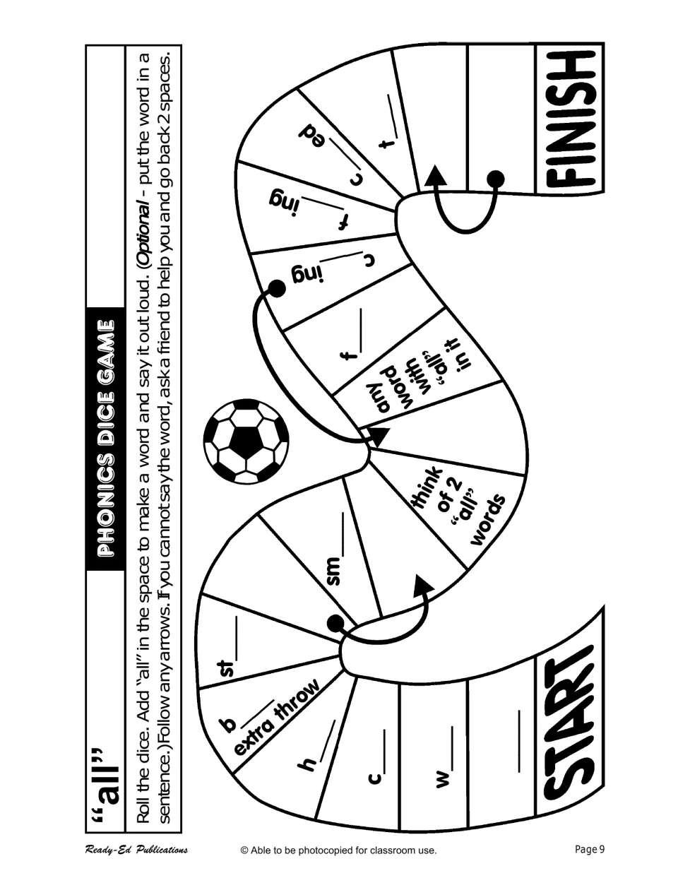 Phonics dice game for 'all': complete w___, sm___, and c___ing, with an optional sentence for each word