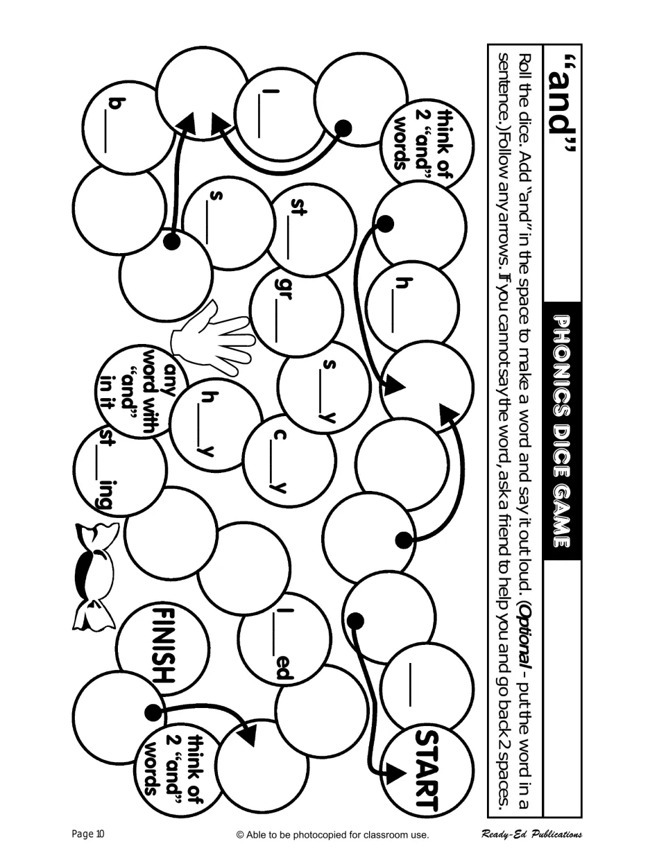 Phonics dice game for 'and': complete h___, c___y, and st___ing, and name two words containing 'and'