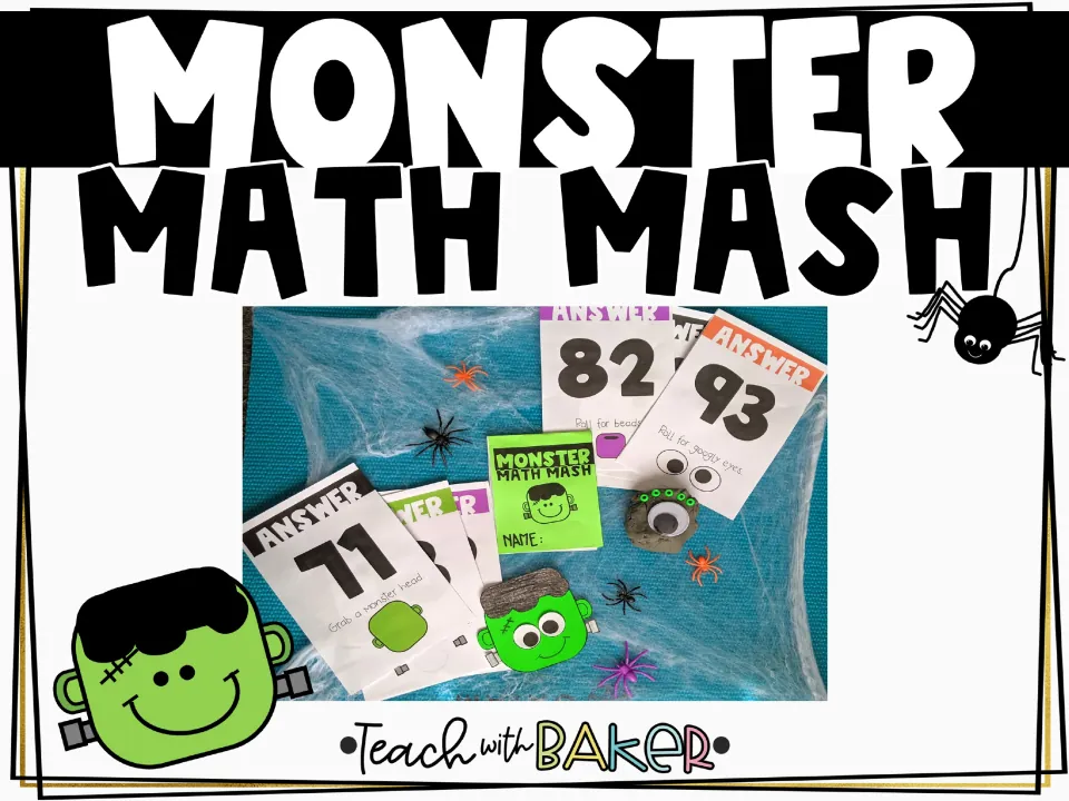 Monster Math Mash cover: photo of answer cards 71, 82 and 93, a mini booklet and a paper Frankenstein monster craft