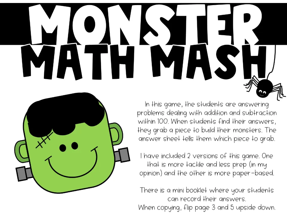 Teacher directions: students solve addition and subtraction within 100, then grab a monster piece the answer sheet names