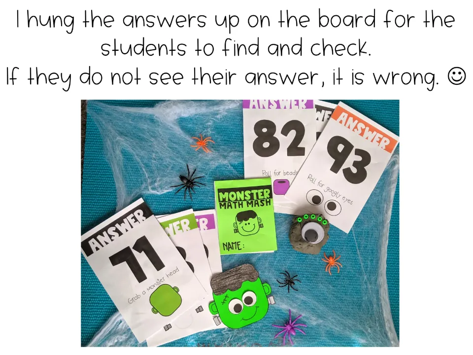 Setup tip: answer cards hung on the board so students find and check their work; a missing answer means it is wrong