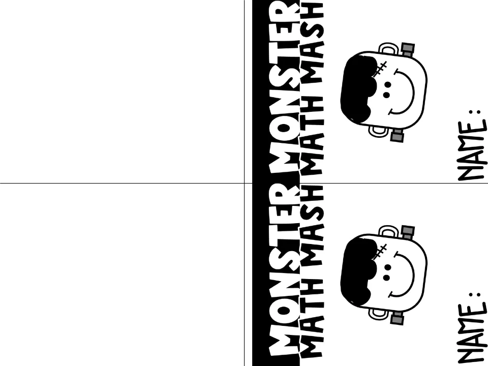 Black-and-white mini booklet cover with a smiling Frankenstein face and a NAME line, printed twice for folding