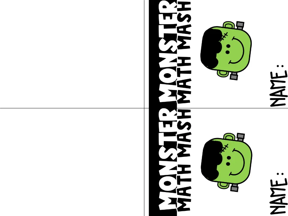 Color mini booklet cover showing a green Frankenstein face and a NAME line, printed twice per sheet to fold