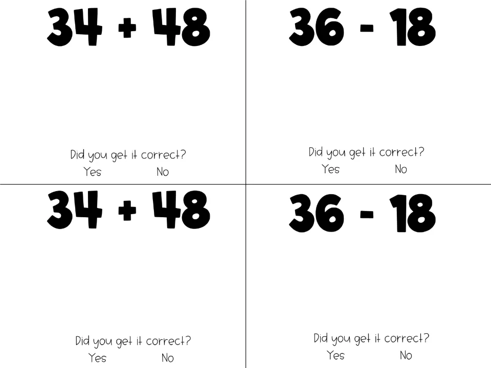 Two-digit addition and subtraction with regrouping: students solve 34 + 48 and 36 - 18, then circle yes or no