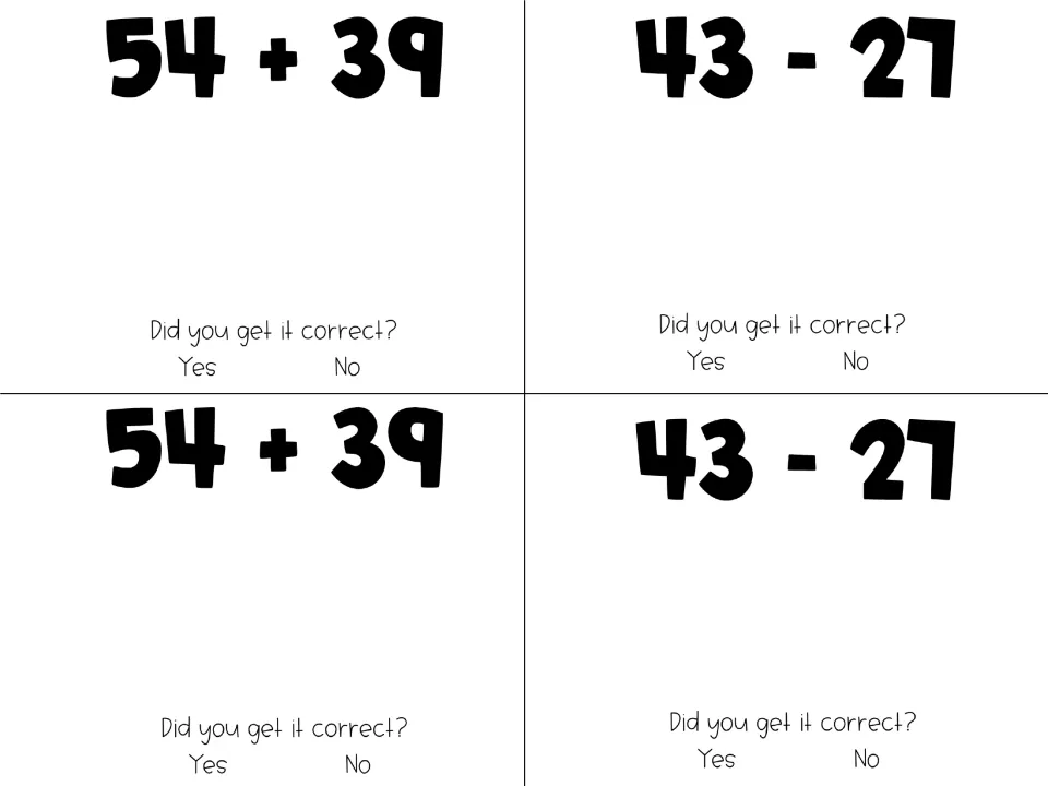 Regrouping practice within 100: students solve 54 + 39 and 43 - 27 and record whether each answer was correct