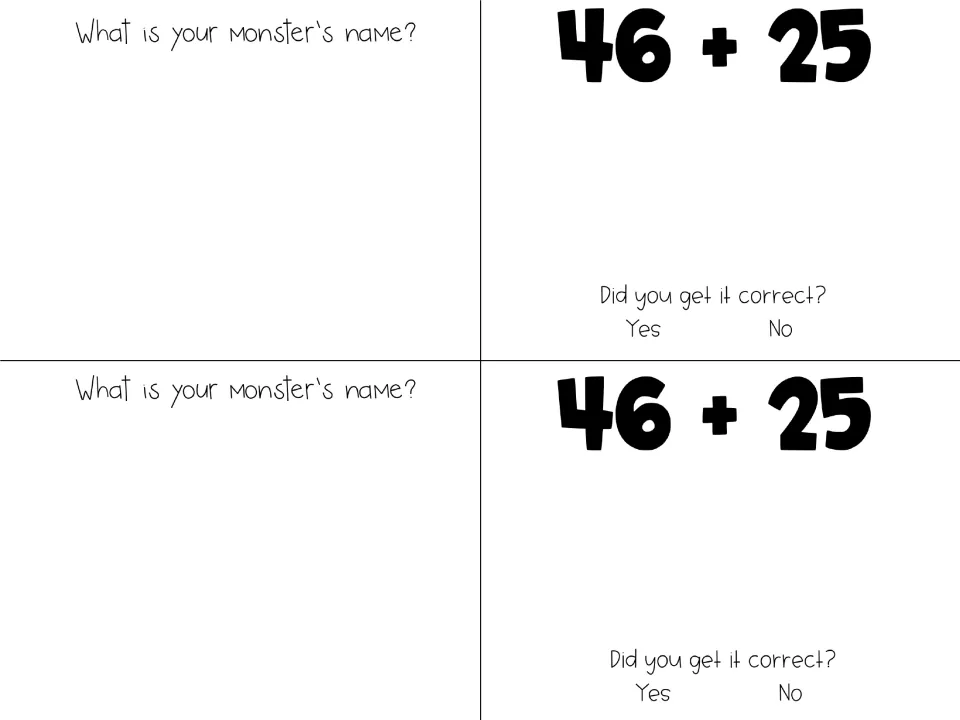 Version 2 booklet page: students solve 46 + 25, check if they got it correct, and write their monster's name