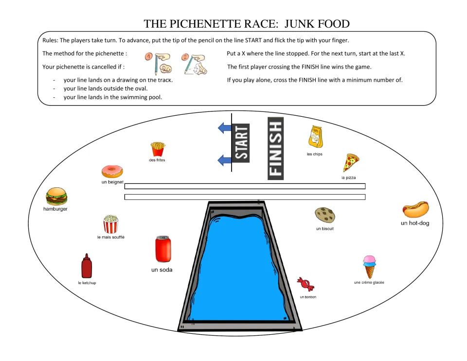 Junk food pichenette race: students flick a pencil around an oval track past French-labeled foods like la pizza