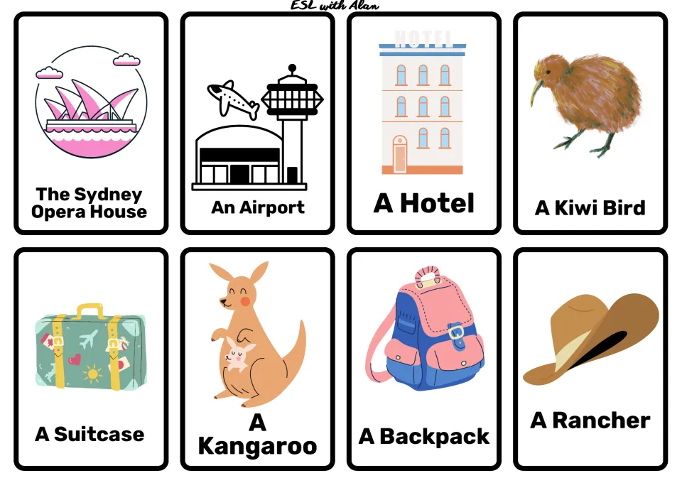 Oceania travel story cards: Sydney Opera House, airport, hotel, kiwi bird, suitcase, kangaroo, backpack and rancher