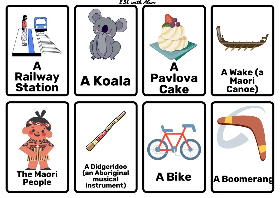 Cards for telling stories: railway station, koala, pavlova cake, Maori canoe, Maori people, didgeridoo, bike, boomerang