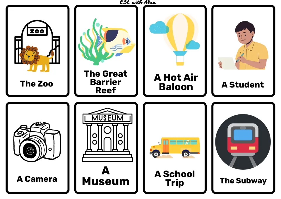 Story prompt cards: the zoo, Great Barrier Reef, hot air balloon, student, camera, museum, school trip and the subway