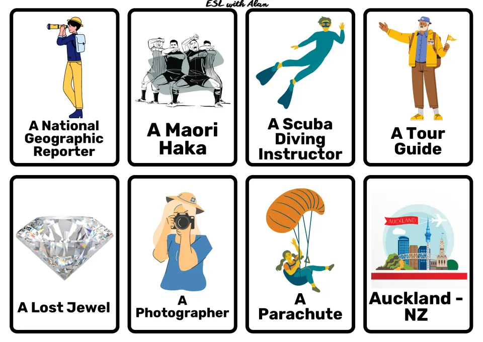 Plot cards: reporter, Maori haka, scuba instructor, tour guide, lost jewel, photographer, parachute, Auckland