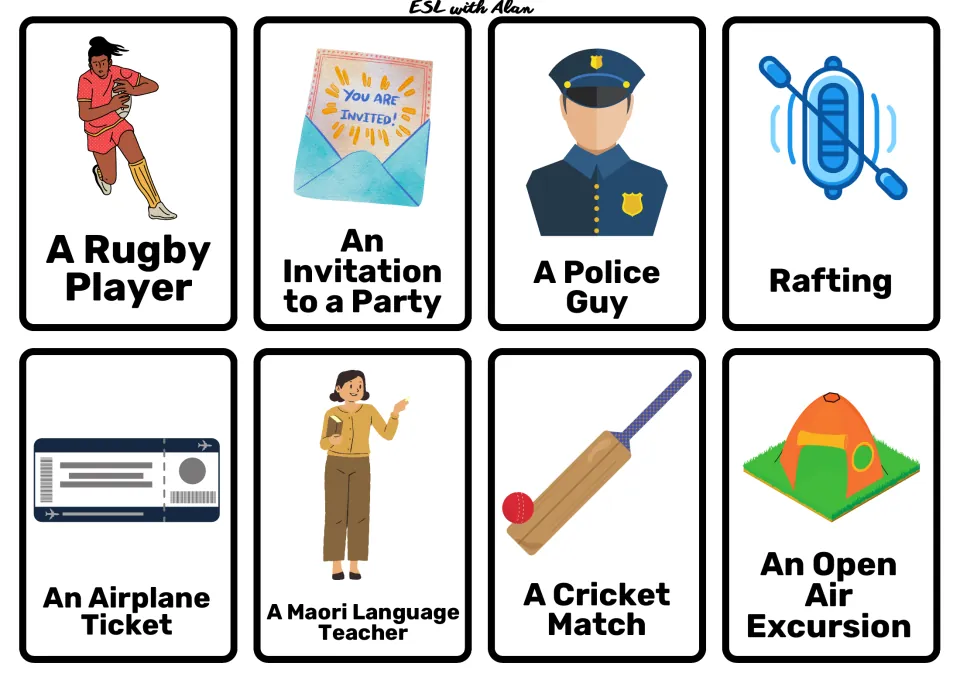 Story set: rugby player, party invitation, police guy, rafting, airplane ticket, Maori teacher, cricket match, excursion