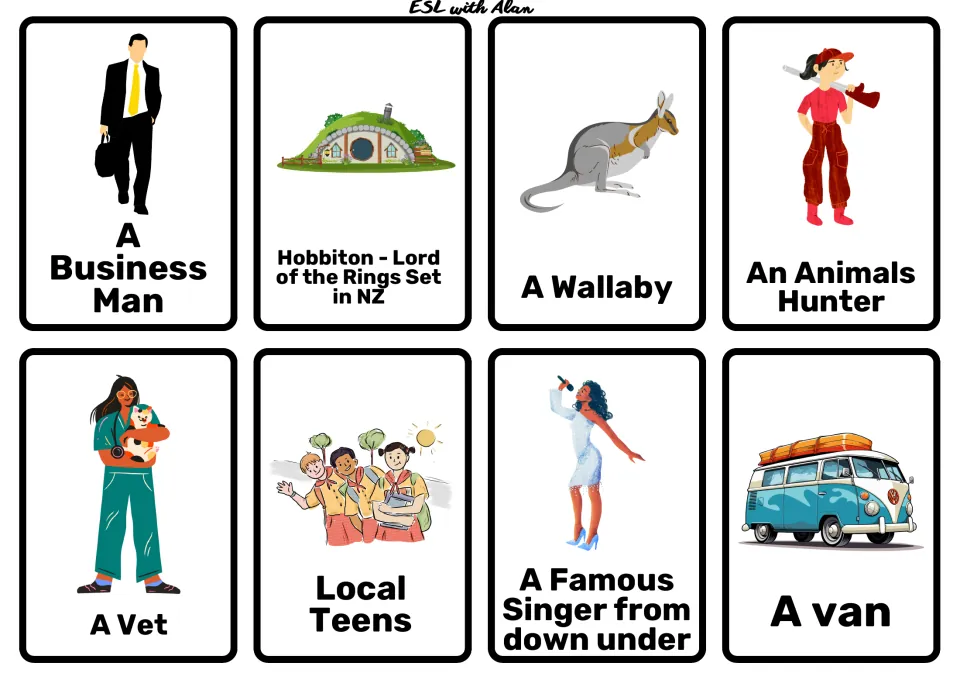 Prompt cards: business man, Hobbiton set in NZ, wallaby, animals hunter, vet, local teens, famous singer and a van