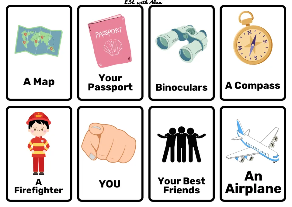 Travel gear and people cards: map, passport, binoculars, compass, firefighter, YOU, best friends, airplane