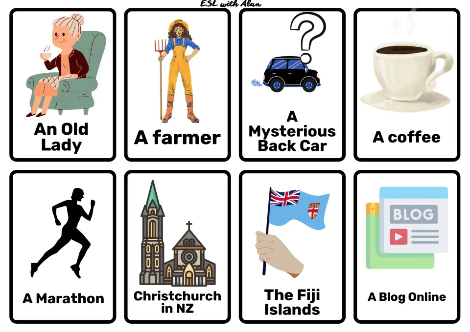 Story cards: old lady, farmer, mysterious black car, coffee, marathon, Christchurch in NZ, Fiji Islands, online blog