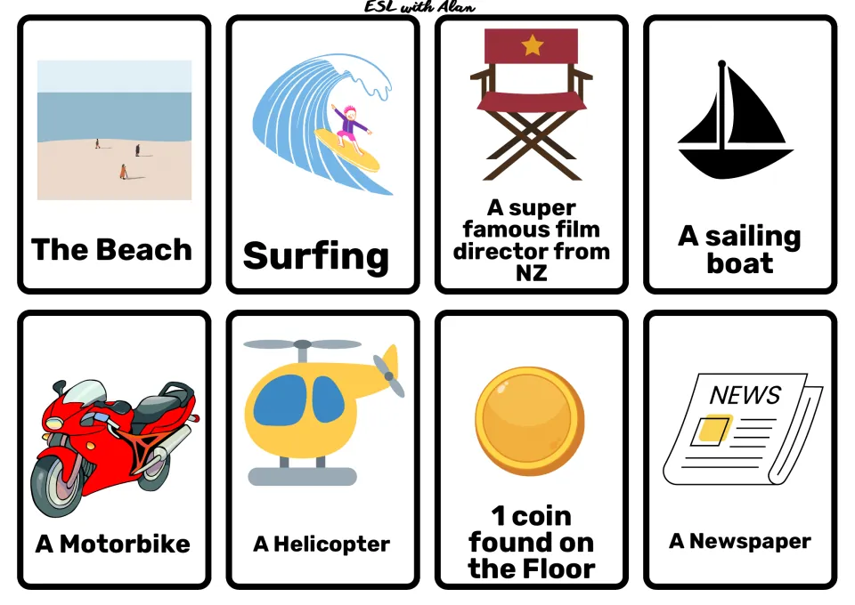 Cards to build stories from: the beach, surfing, NZ film director, sailing boat, motorbike, helicopter, coin, newspaper