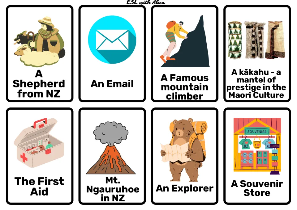 Cards: shepherd from NZ, email, mountain climber, Maori kākahu cloak, first aid, Mt. Ngauruhoe, explorer, souvenir store