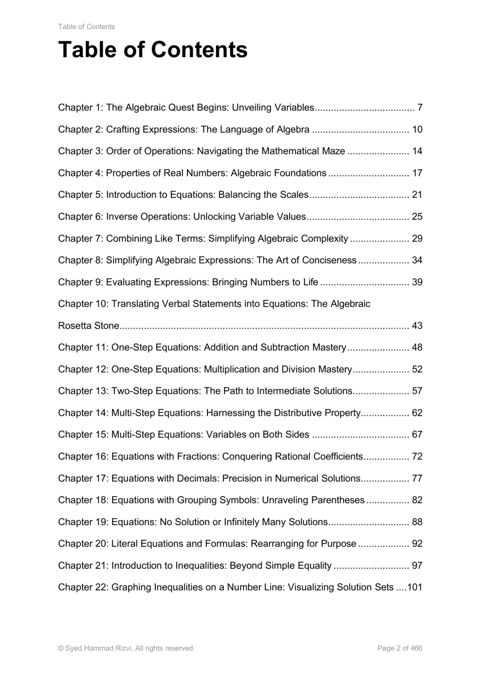 Algebra textbook contents, chapters 1–22: variables, expressions, equations, and introductory inequalities