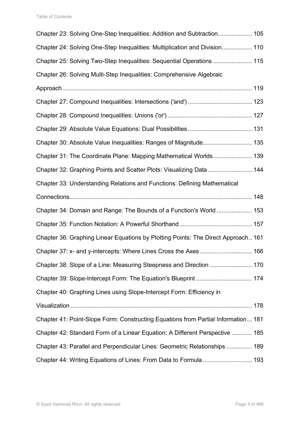 Algebra textbook contents, chapters 23–44: inequalities, absolute value, functions, and linear equations