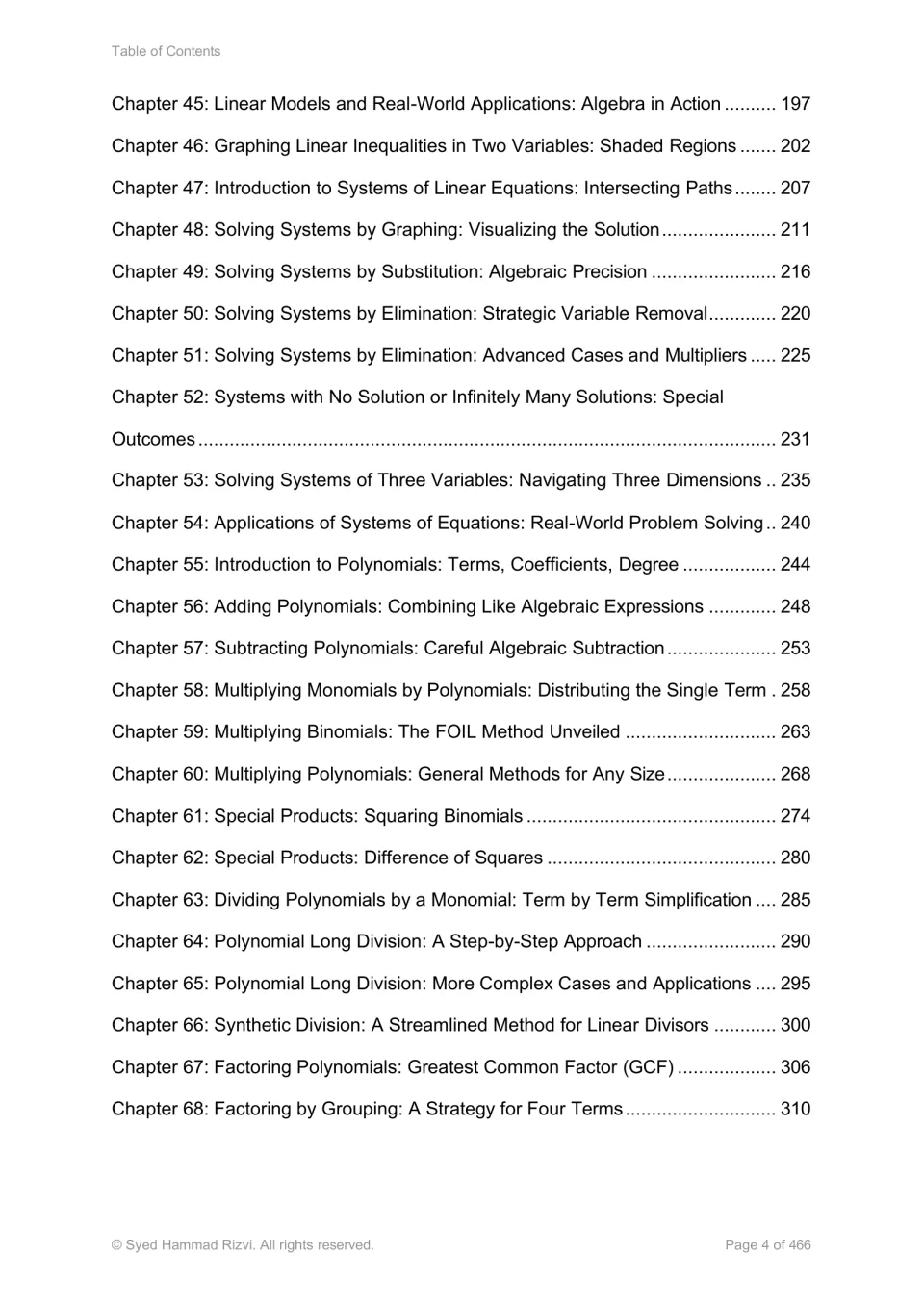 Algebra textbook contents, chapters 45–68: linear models, systems of equations, polynomials, and factoring