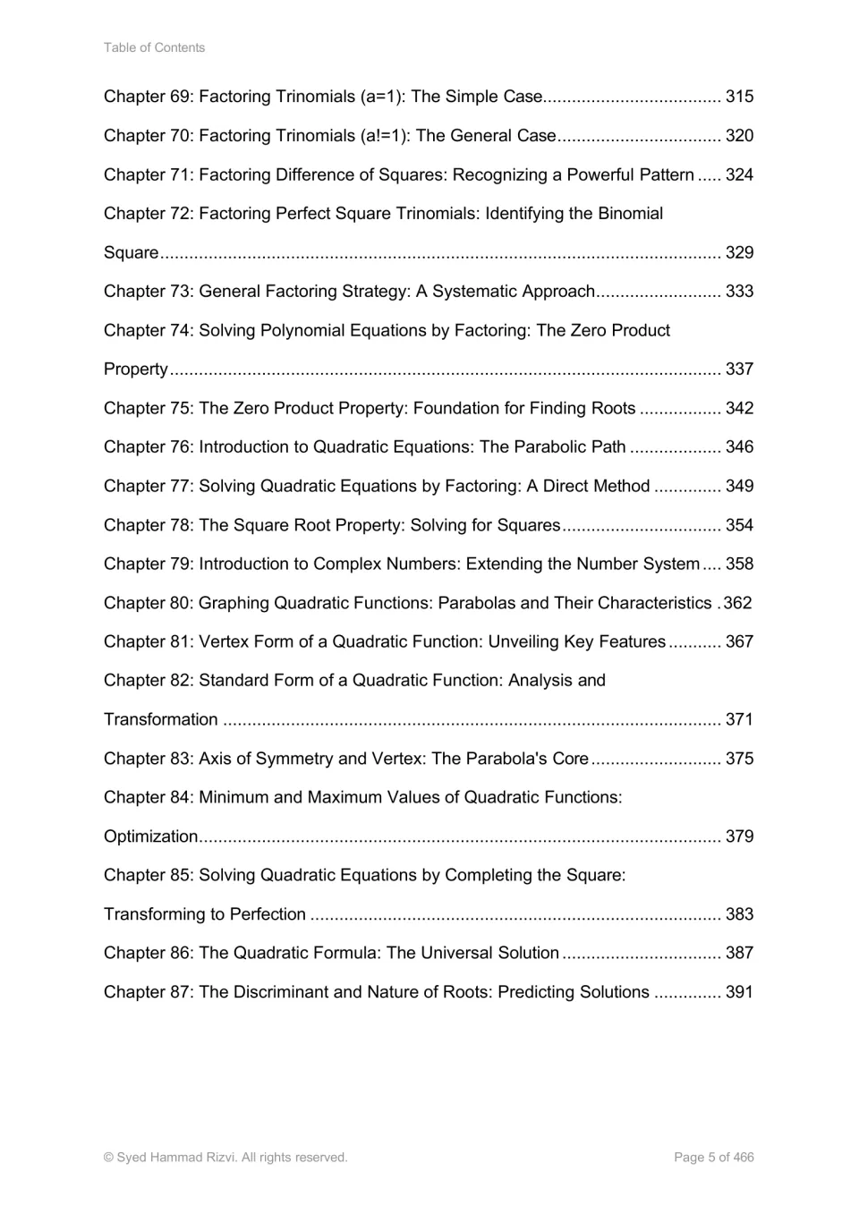 Algebra textbook contents, chapters 69–87: factoring, quadratic equations, complex numbers, and parabolas