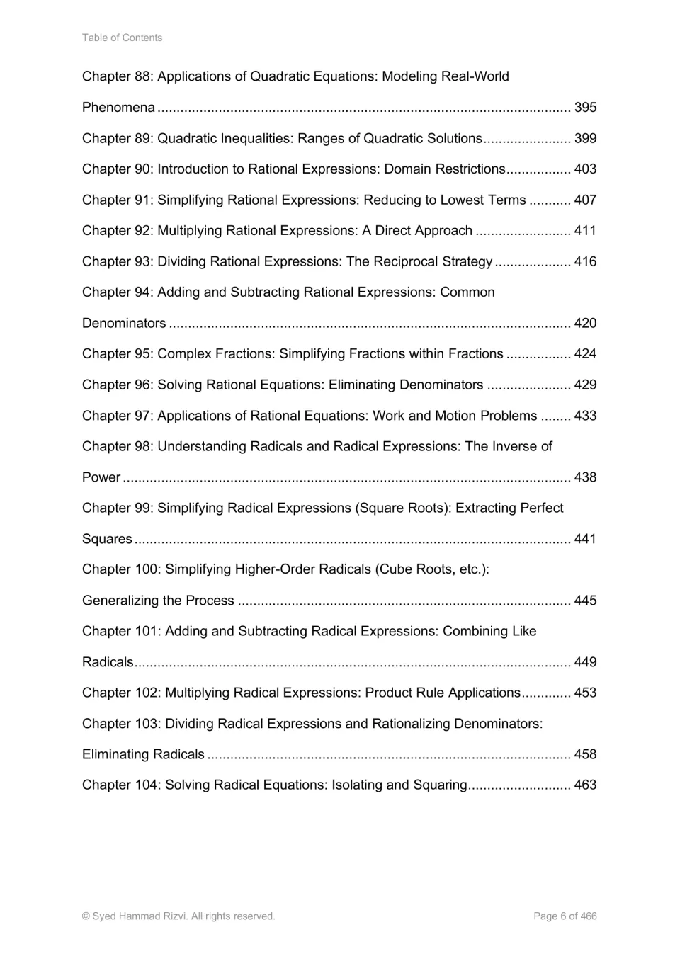 Algebra textbook contents, chapters 88–104: quadratic applications, rational expressions, and radicals