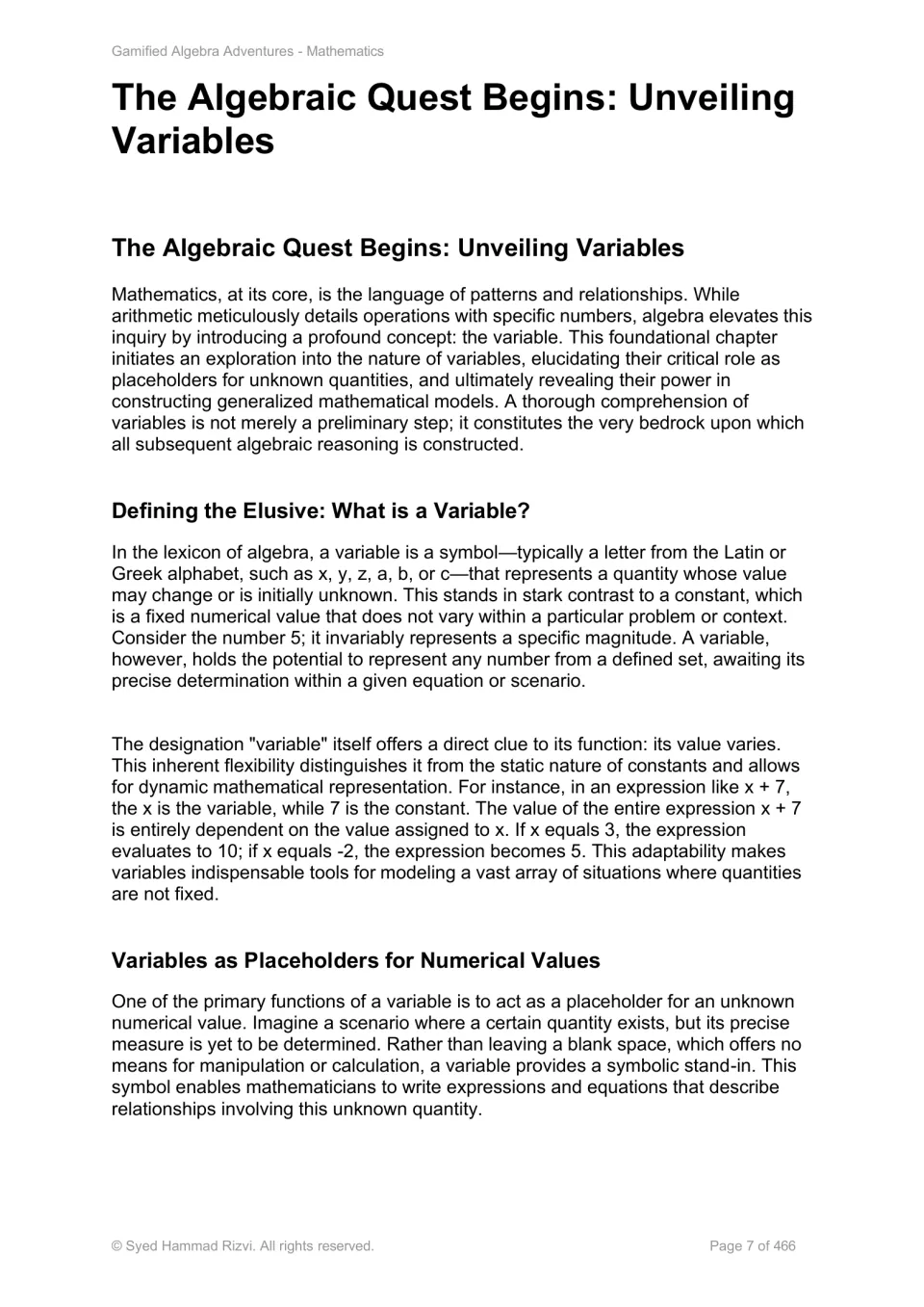 Chapter 1 opening lesson defines variables and constants, evaluates x + 7, and introduces unknown values